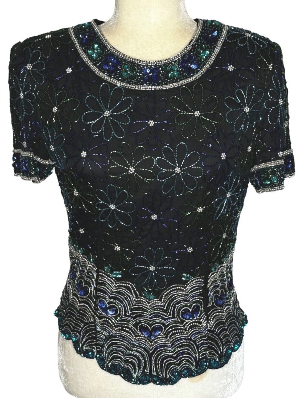 Vintage Laurence Kazar Black LBeaded Silk Top 90s Evening Glam Size Small